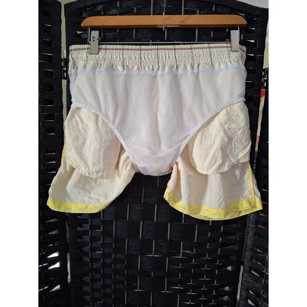 Loro Piana Beach Chair AOP Nylon Swim Trunks Yellow Lined Drawstring Italy Large